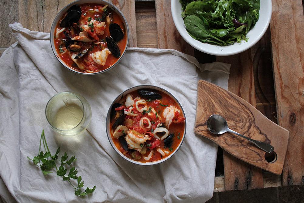 California Seafood Recipe: California Cioppino with Avocado, Goat Cheese and Arugula Salad