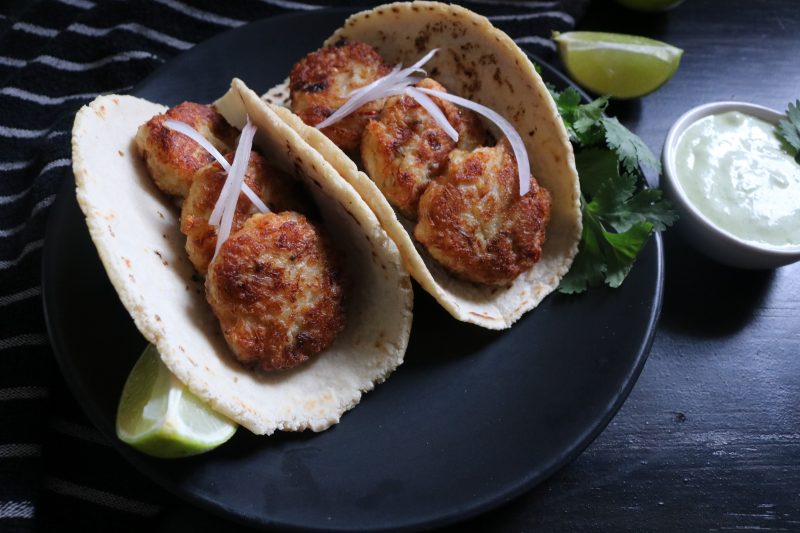 Mexican Style Crab Cake Tacos with Jalapeno and Lime Aioli